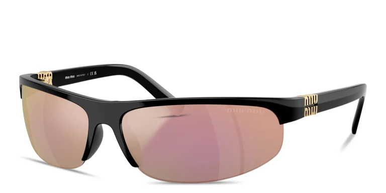 Shop MIU MIU Vertical Logo Wide Half-Rim Oval Sunglasses in Black online.