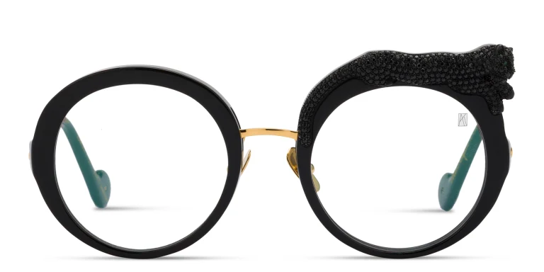 Shop ANNA KARIN KARLSSON Rose et La Roue Oversized Round Eyeglasses in Black online.