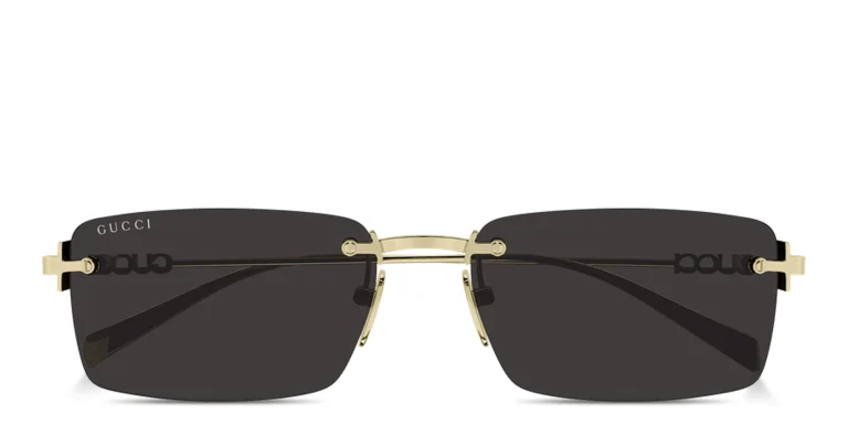 Shop GUCCI Logo Signature Rimless Rectangle Sunglasses in Gold online.