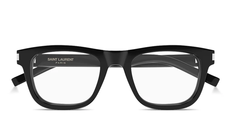 Shop SAINT LAURENT Logo Signature Unisex Rectangle Eyeglasses in Black online.