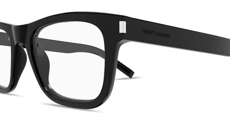 Shop SAINT LAURENT Logo Signature Unisex Rectangle Eyeglasses in Black online.
