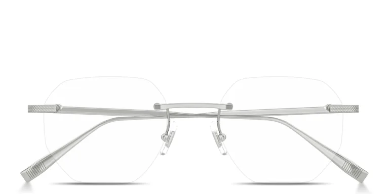 Shop Dunhill Engraved Logo Rimless Irregular Eyeglasses in Silver online.