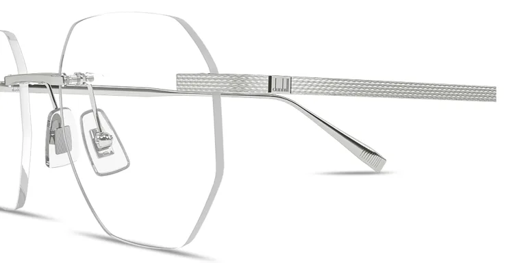 Shop Dunhill Engraved Logo Rimless Irregular Eyeglasses in Silver online.