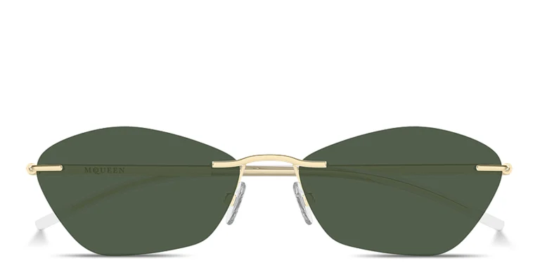 Shop Alexander McQueen T-Bar Slim Unisex Rimless Irregular Sunglasses in Gold online.