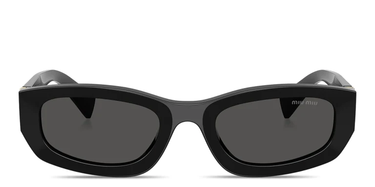 Shop MIU MIU Vertical Logo Irregular Sunglasses in Black online.