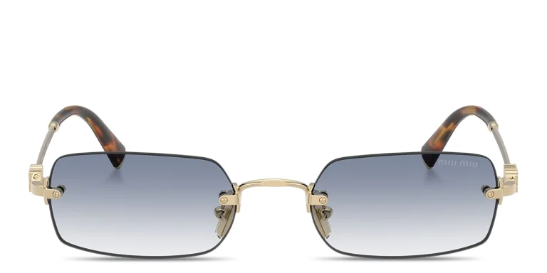 Shop MIU MIU Vertical Logo Rimless Rectangle Sunglasses in Gold online.