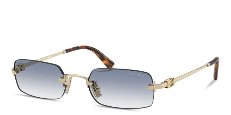 Shop MIU MIU Vertical Logo Rimless Rectangle Sunglasses in Gold online.