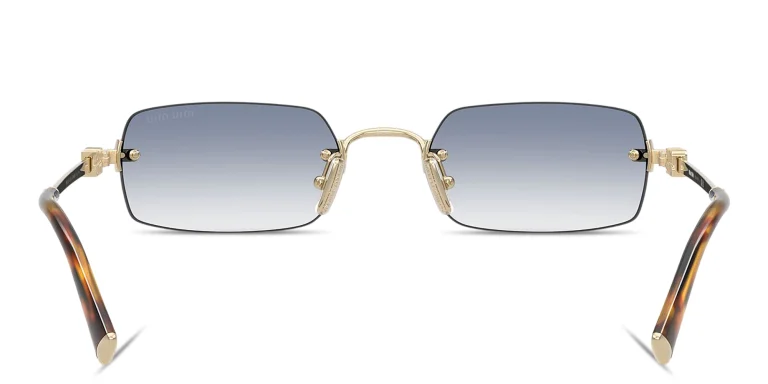 Shop MIU MIU Vertical Logo Rimless Rectangle Sunglasses in Gold online.