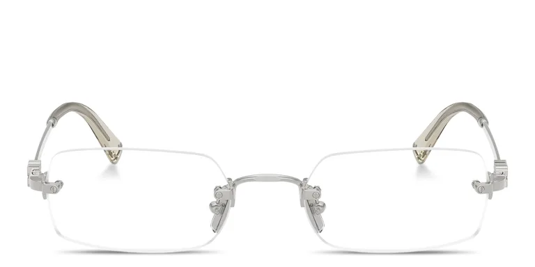 Shop MIU MIU Vertical Logo Rimless Rectangle Eyeglasses in Silver online.