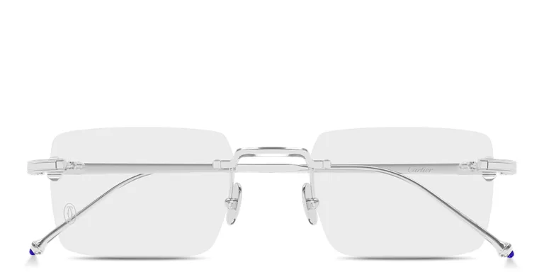 Shop Cartier Pasha Rimless Rectangle Eyeglasses in Silver online.
