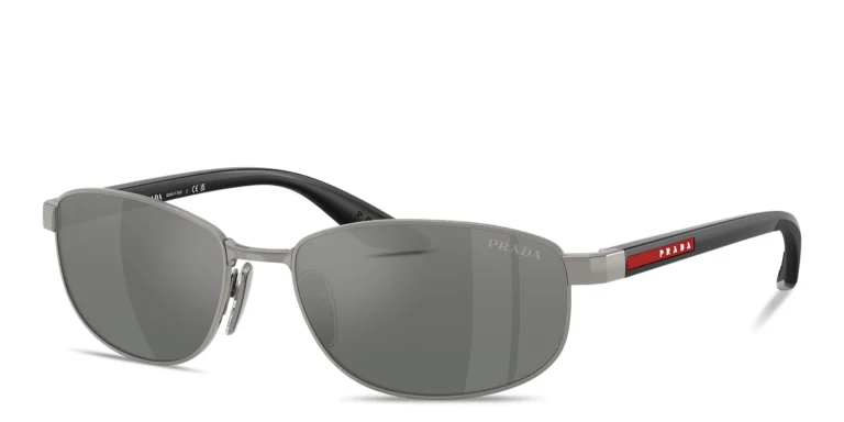 Shop Prada Linea Rossa Logo Signature Oval Sunglasses in Grey online.