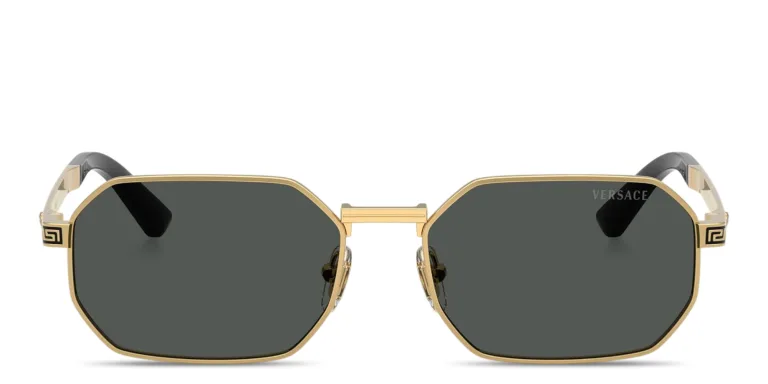Shop VERSACE Greca Irregular Sunglasses in Gold online.