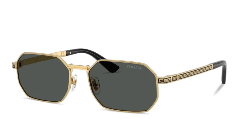Shop VERSACE Greca Irregular Sunglasses in Gold online.