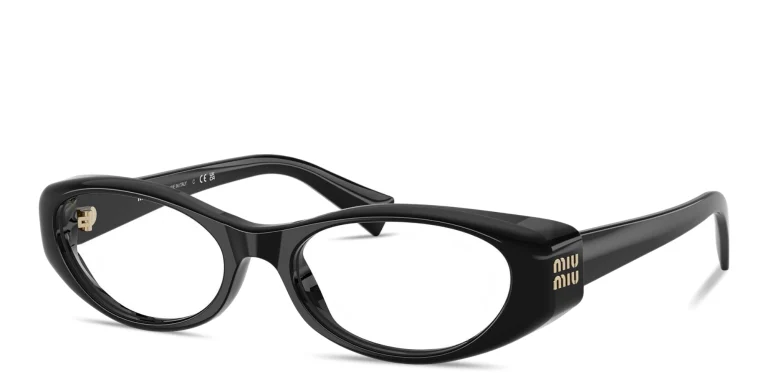 Shop MIU MIU Vertical Logo Wide Oval Eyeglasses in Black online.
