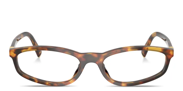 Shop MIU MIU Vertical Logo Oval Eyeglasses in Havana online.