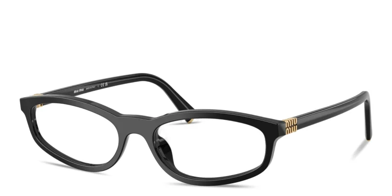 Shop MIU MIU Vertical Logo Oval Eyeglasses in Black online.