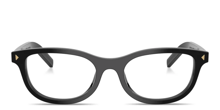 Shop PRADA Logo Signature Oval Eyeglasses in Black online.
