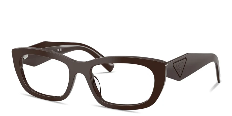 Shop PRADA Engraved Logo Irregular Eyeglasses in Brown online.