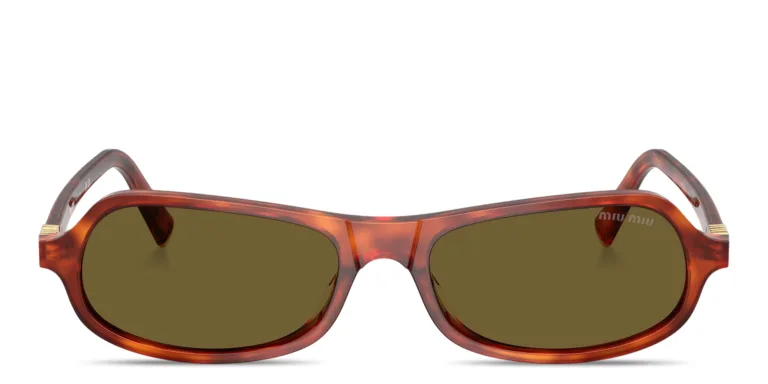 Shop MIU MIU Vertical Logo Irregular Sunglasses in Brown online.