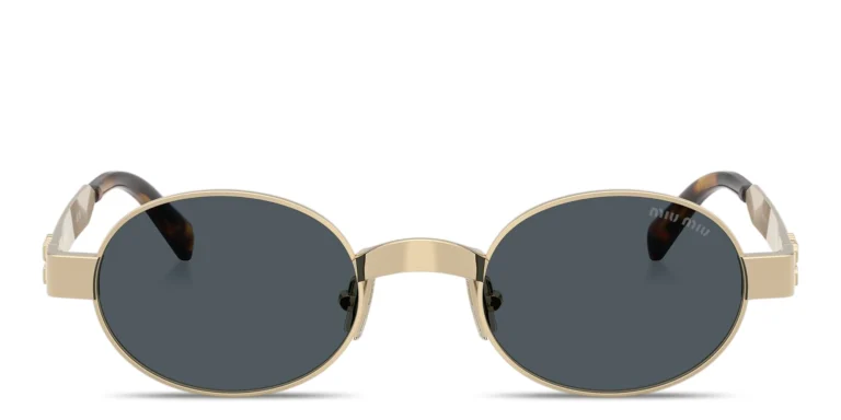 Shop MIU MIU Vertical Logo Oval Sunglasses in Gold online.