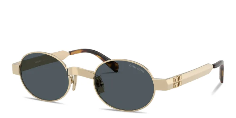 Shop MIU MIU Vertical Logo Oval Sunglasses in Gold online.