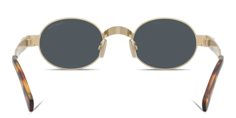 Shop MIU MIU Vertical Logo Oval Sunglasses in Gold online.