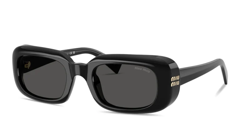Shop MIU MIU Vertical Logo Rectangle Sunglasses in Black online.