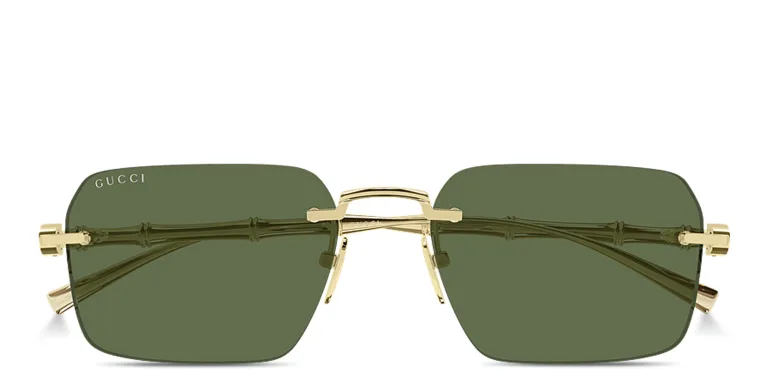 Shop GUCCI Bamboo Rimless Rectangle Sunglasses in Gold online.