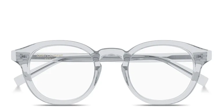 Shop SAINT LAURENT Logo Signature Round Eyeglasses in Grey online.