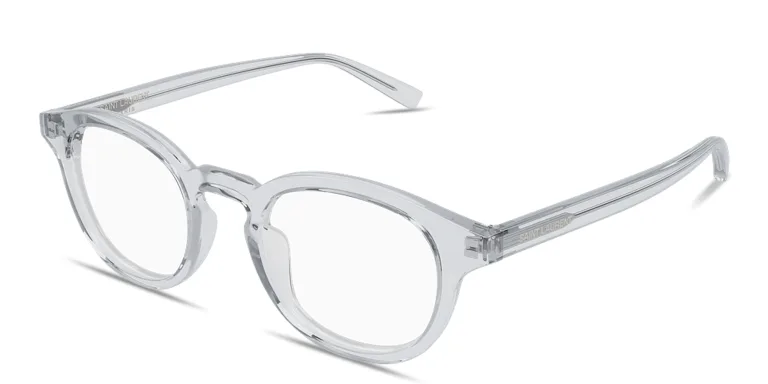 Shop SAINT LAURENT Logo Signature Round Eyeglasses in Grey online.