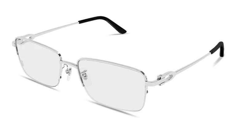 Shop Cartier Half-Rim Wide Rectangle Eyeglasses with Elongated C de Cartier Motif in Silver online.