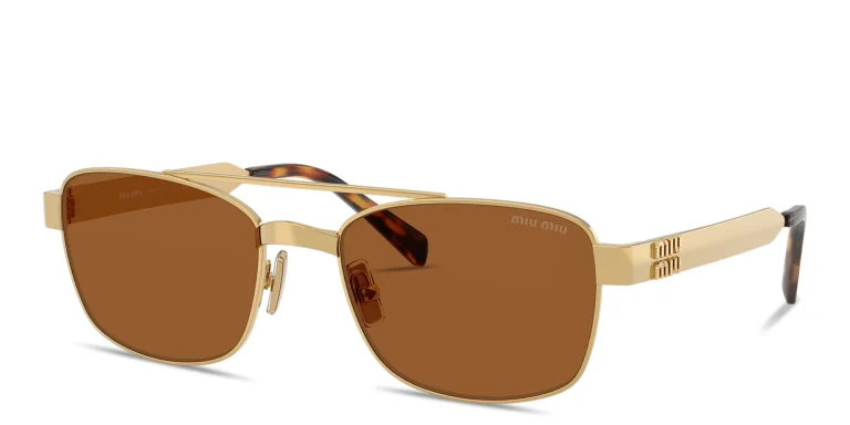Shop MIU MIU Vertical Logo Rectangle Sunglasses in Gold online.