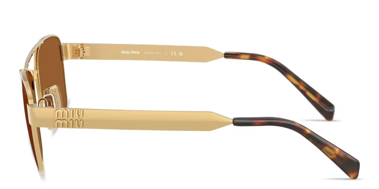 Shop MIU MIU Vertical Logo Rectangle Sunglasses in Gold online.