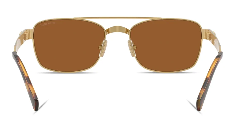 Shop MIU MIU Vertical Logo Rectangle Sunglasses in Gold online.