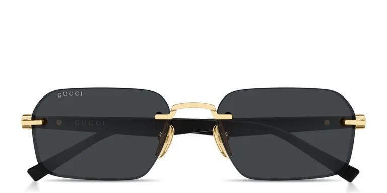 Shop GUCCI Gucci Emblem Rimless Rectangle Sunglasses in Gold online.
