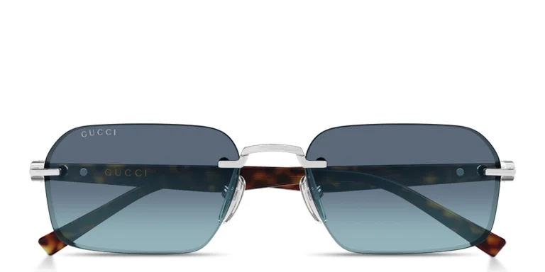 Shop GUCCI Gucci Emblem Rimless Rectangle Sunglasses in Silver online.