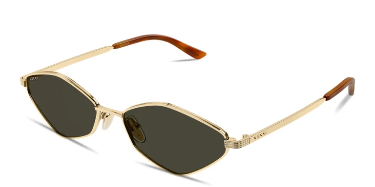 Shop GUCCI Engraved Logo Irregular Sunglasses in Gold online.