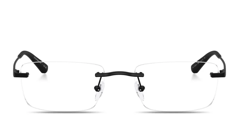 Shop Emporio Armani Engraved Logo Rimless Rectangle Eyeglasses in Black online.