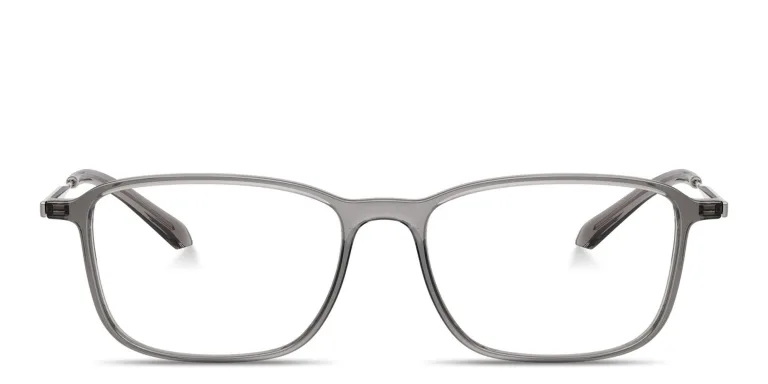 Shop GIORGIO ARMANI Engraved Logo Wide Rectangle Eyeglasses in Grey online.