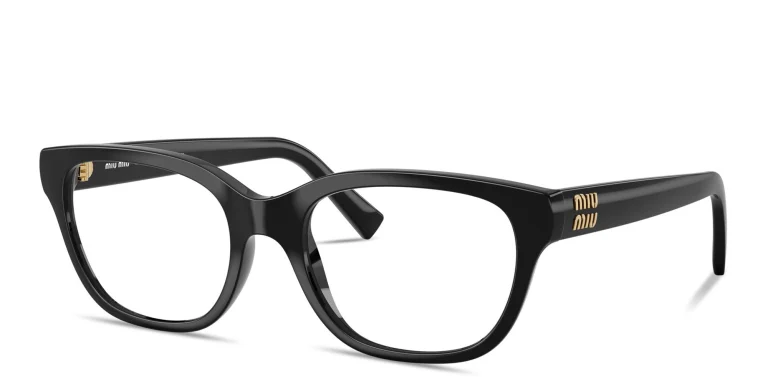 Shop MIU MIU Vertical Logo Square Eyeglasses in Black online.