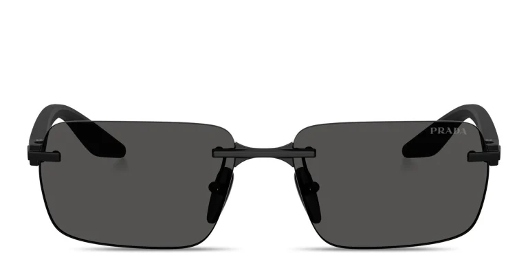 Shop Prada Linea Rossa Logo Lettering Rimless Rectangle Sunglasses in Black online.