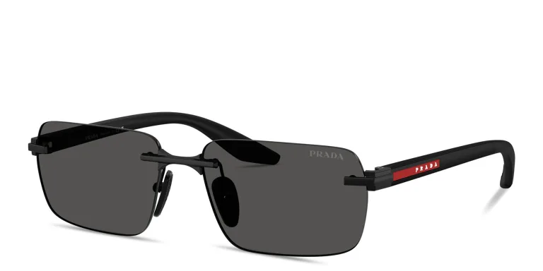 Shop Prada Linea Rossa Logo Lettering Rimless Rectangle Sunglasses in Black online.